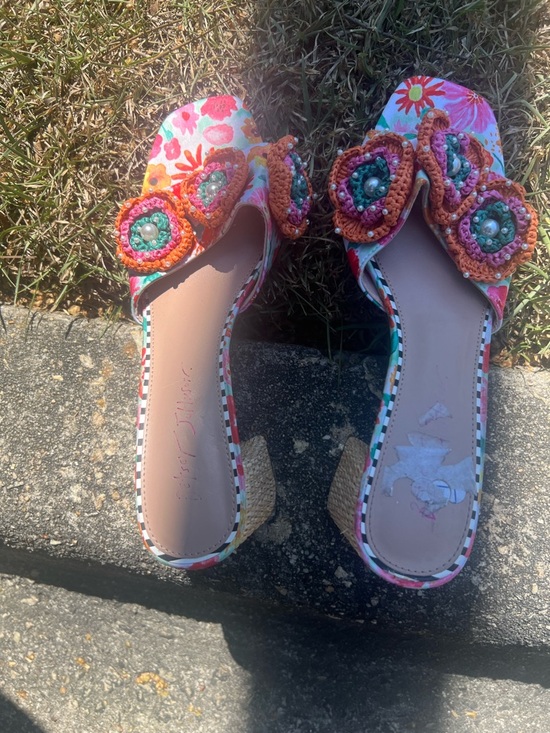 Betsey Johnson Shoes - Betsey Johnson Floral Crochet Beaded Slide Sandals in Pink, Orange, Green